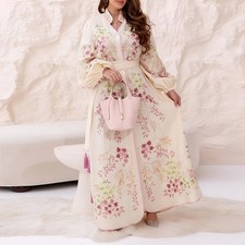 Women's Printed Maxi Dress Lantern Sleeve Waist Tie Tassel Boho Dress