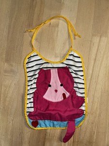 Vintage 80s 90s Pink Cat Applique Baby Bib Striped Retro Nursery Decor