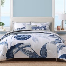 Queen Comforter Set- 7 Pieces Blue Tropical Leaves Soft Bedding Sets, Coastal...