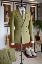 Men's Olive Green Double Breasted Blazer Party Prom Groom Tuxedo Wedding Suit