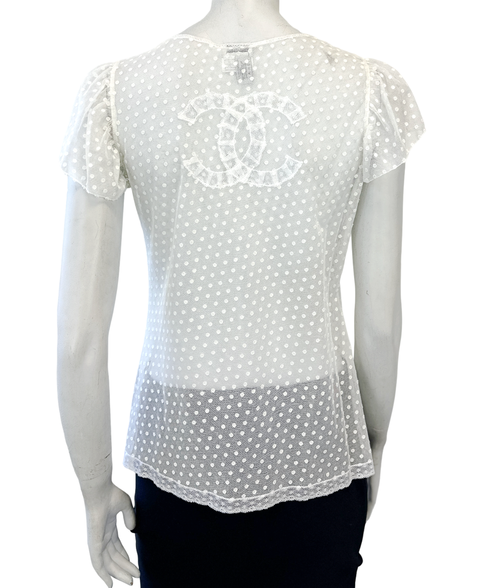 CHANEL Cotton Blouse Top 38 White Mesh Polka Dot Rose Brooch