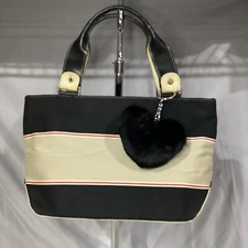 Kate Spade Small Tan & Black Horizontal Striped Canvas Satchel Leather Trim EUC