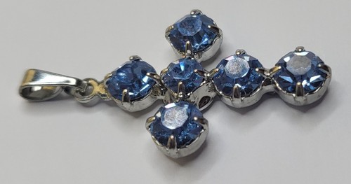 Religious Petite Cross Blue Glass Rhinestones Silver-tone - Picture 3 of 9