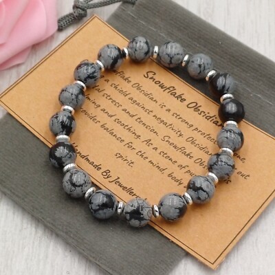 SCHNEEFLOCKE OBSIDIAN Armband Stretch Handarbeit + Geschenktüte & Karte Edelstein 6/8mm