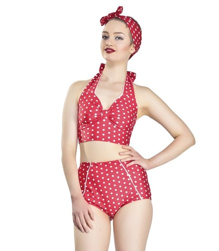 Collectif UK Red Polka Dot Bikini High Waist Vintage Swimwear PLUS SIZE Halter - Picture 1 of 6