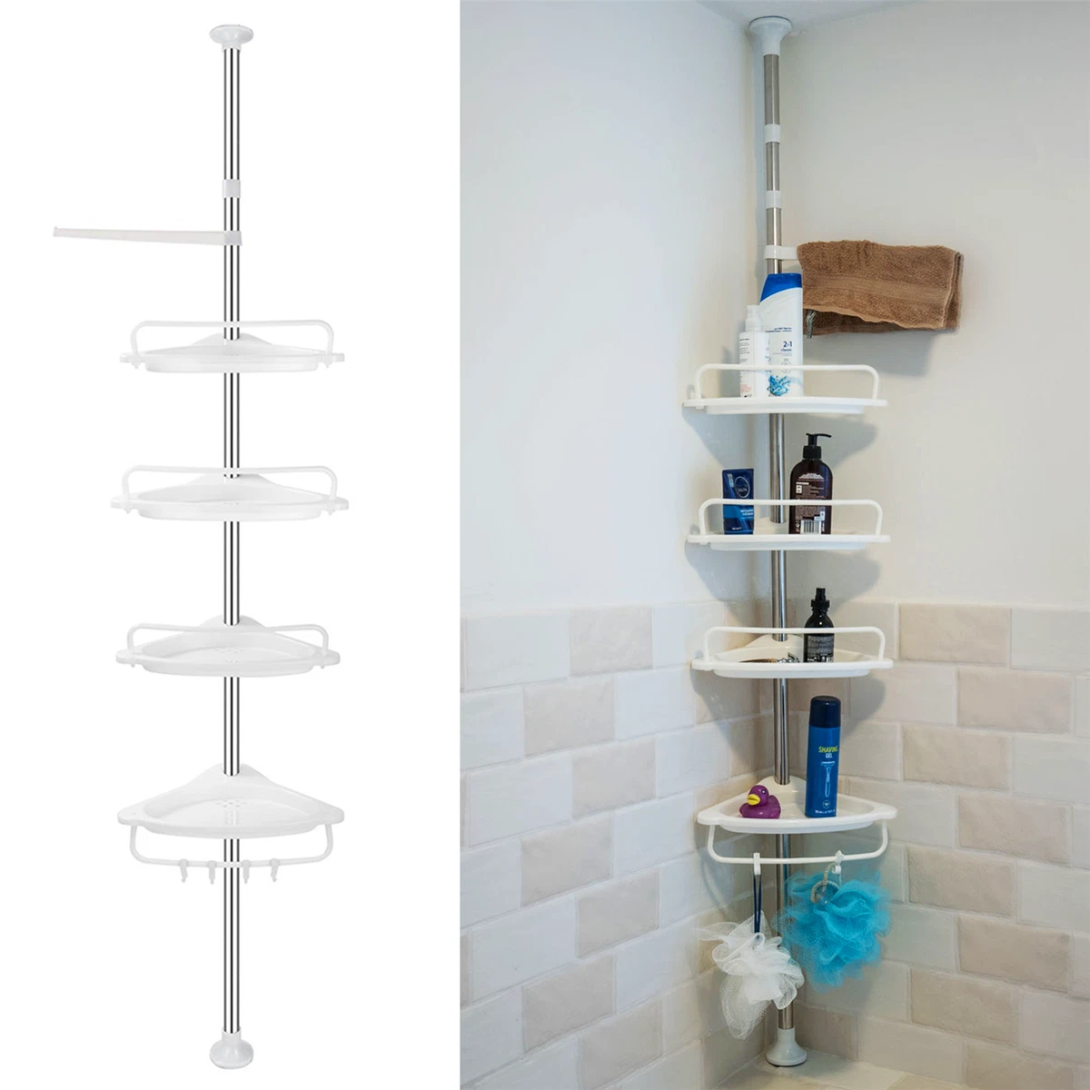 Telescopic Corner Shower Shelf 4 Tier Bathroom Corner Storage No