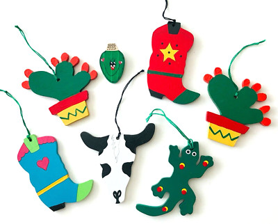7 Hand Painted Wood Christmas Ornaments Southwest Cowboy Western Desert + Pin