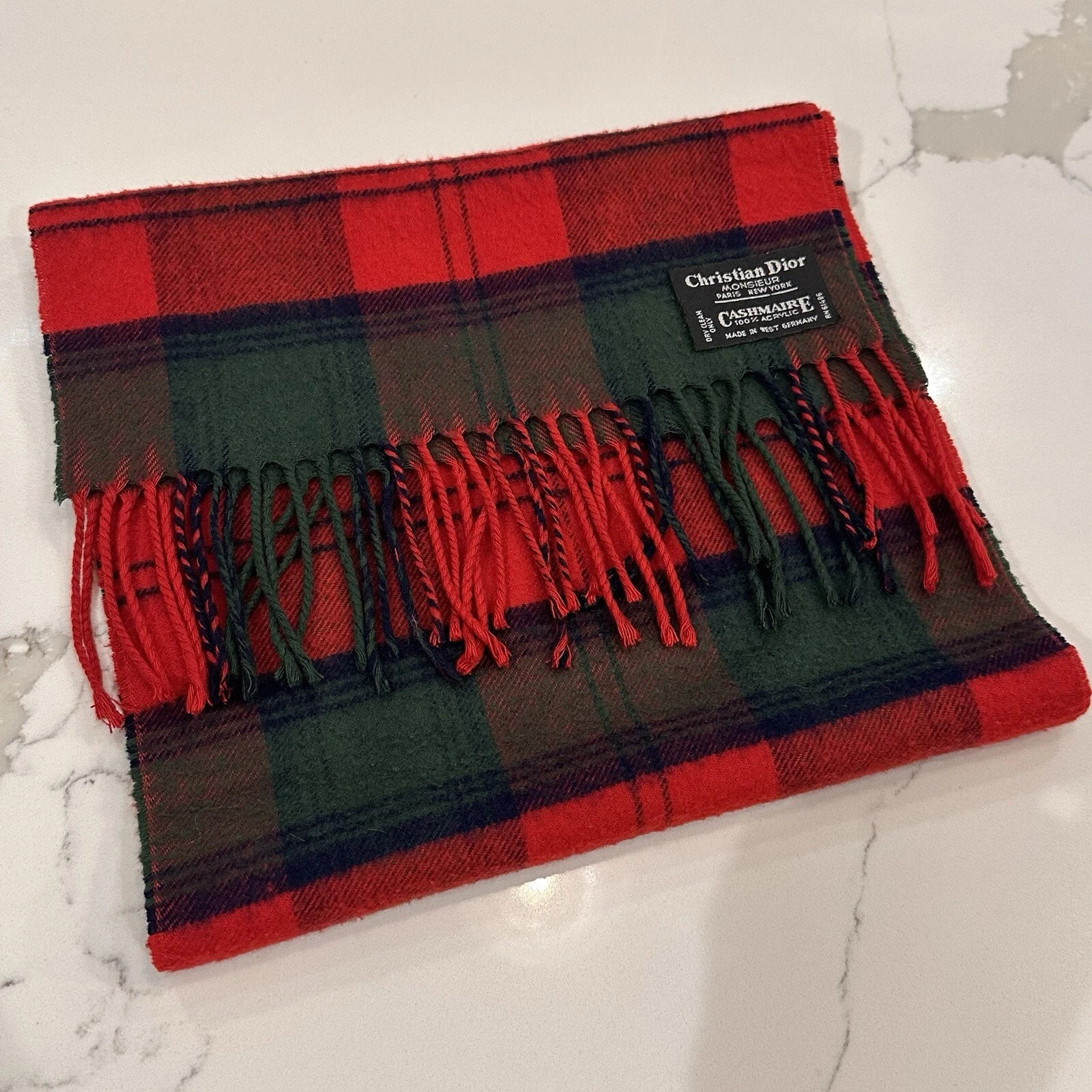 Foulard vintage Christian Dior Monsieur Cashmaire tartan à carreaux rouge vert franges