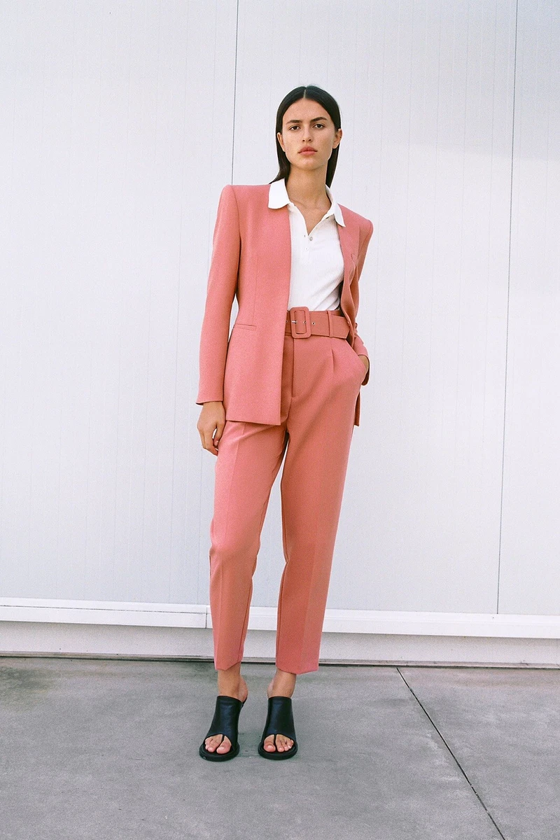 Pantalon femme Zara tissu taille haute recouvert ceinture rose 4387 430 taille X