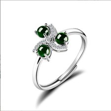 Certified S925 Sterling Silver Natural Green Burma AAA Jade jadeite Fashion Ring