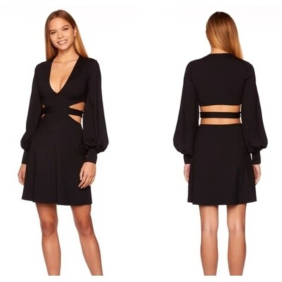 Susana Monaco Black Balloon Sleeve Deep V Neck Cut Out Fit And Flare Dress XS