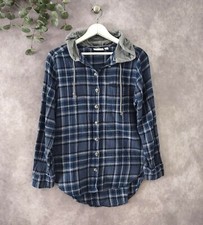 So Shirt Womens Small Blue Tartan Plaid Button Up Long Sleeve Hoodie Ladies Top