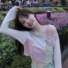 Women's A Collar Spell Color Wave Edge Short Long-sleeved T-shirt Thin Tops