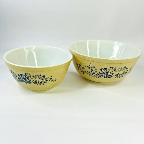 Pyrex Homestead 2 Pc Mixing Bowl Set Vintage 402 403 Speckled Beige Blue