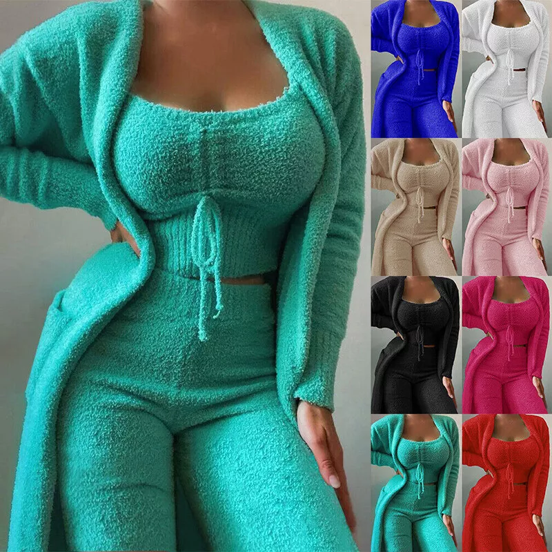 Women Sexy 3 Piece Pajamas Fleece Warm Crop Top, Shorts, and Robe