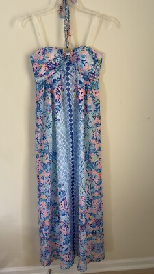 chinese dress ladies Lilly Pulitzer Womens Montecito Halter Maxi Dress Papaya Breezy Palm  Engineered Maxi Dress XXS One Size at Amazon Women's Clothing store