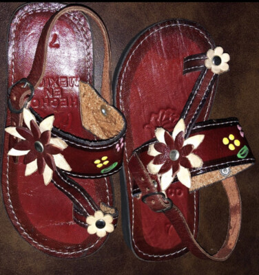 NEW Vintage Mexican Leather Girls Toe Ring Floral Sandals Sz 7 Cinco De Mayo | eBay
