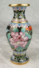 Chinese Cloisonne Vase Flowers Birds Red Green Blue Pink White Purple 6in Tall