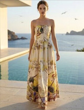 Caroline Constas Strapless Smocked Cotton Safari Animal Print Maxi Dress L