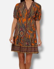 Adrianna Papell Women's Orange Paisley Print Puff-Sleeve A-Line Dress Size 4