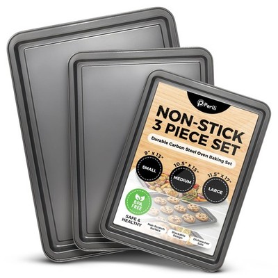 Non-Stick 3-Piece Baking Pan Set   Carbon Steel with Even Heat Distribution, ...