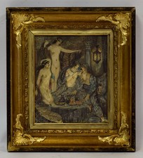 Um 1950, altes Gemälde, wg. R. Ernst (1854–1932), Abend im Harem, Akt, Gouache.