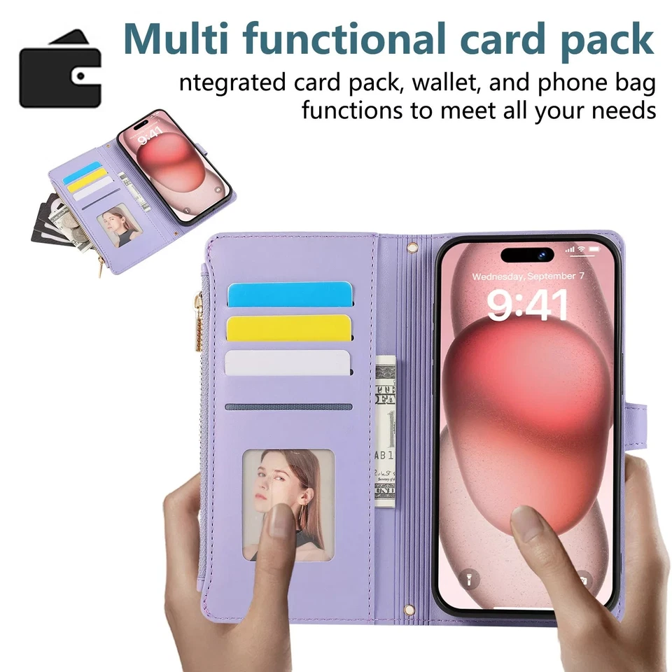 Zipper Grid Leather Wallet Phone Case For Samsung S25 S24 S22 S23 S21 S20 FE S10 - Image 4 of 4