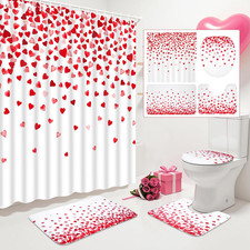 4Pcs Valentines Shower Curtain Set for Bathroom,Red Pink Heart Valentines Bathro