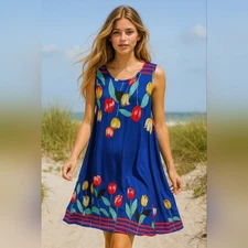 Vintage Tulip Print Sleeveless Dress Blue Red Yellow Floral Resort M/L Unbranded