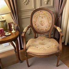 Vintage Louis XVI Style Walnut Needlepoint “Aubusson” Armchair Floral