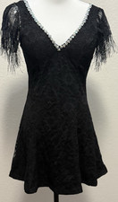 Elegant Women's Black Floral Lace Beaded V-Neck Short Sleeve Lined A-Line Dress