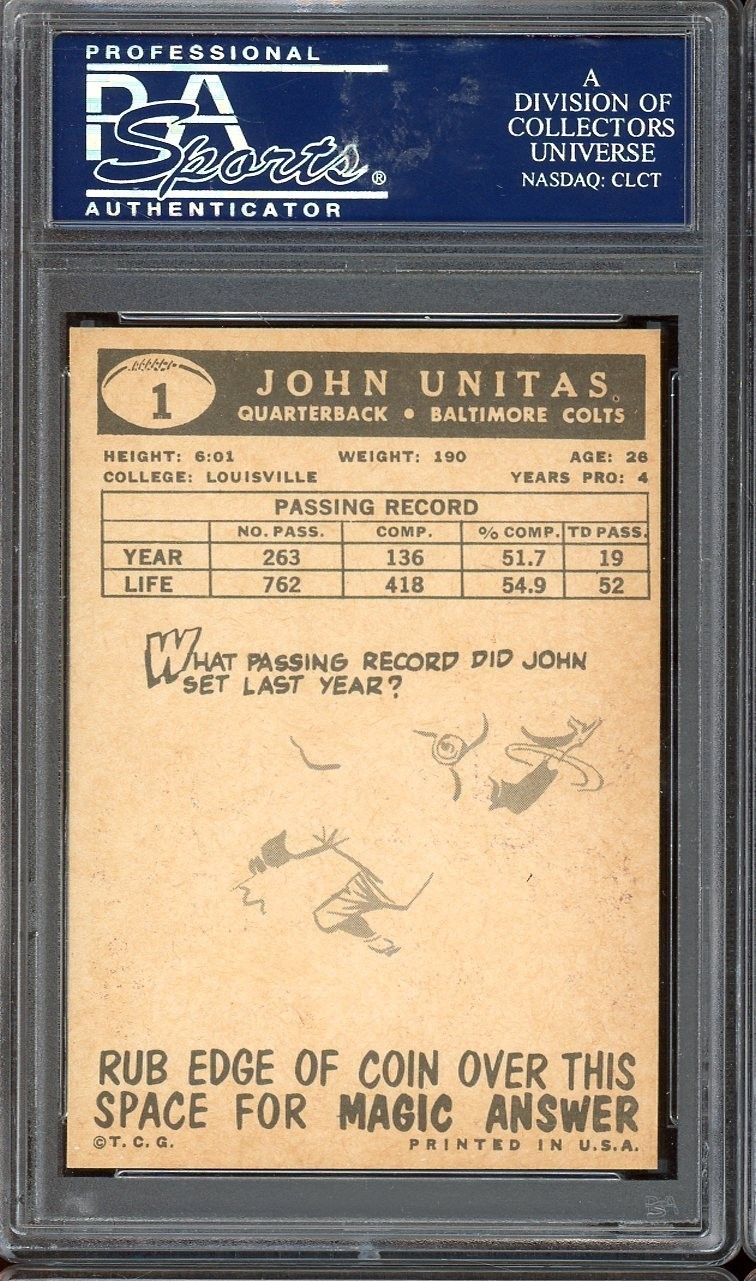 1959 Topps Football #1 Johnny Unitas PSA 8 view 2