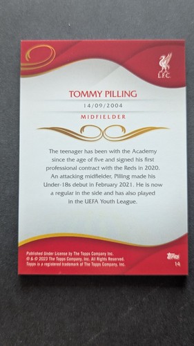 2022-23 Topps Liverpool Lineage 1st Bowman #14 Tommy Pilling RC Rookie - Picture 2 of 2