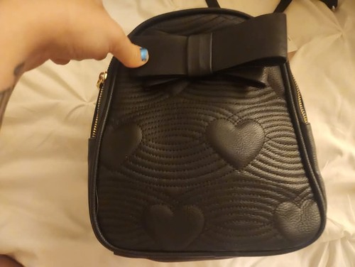 New Luv Betsey Johnson Mini Backpack Purse Black Bow Quilted Hearts NWT - Picture 1 of 7
