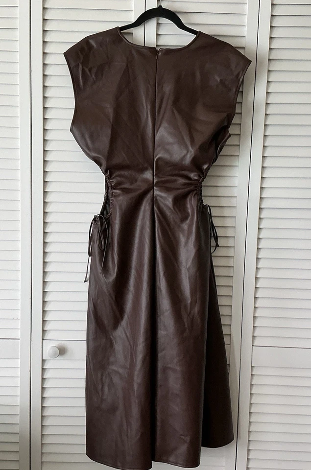 7 for All Mankind Miranda 女式 M 码素食皮革迷笛连衣裙露侧领带 — 第 4/4 张图片