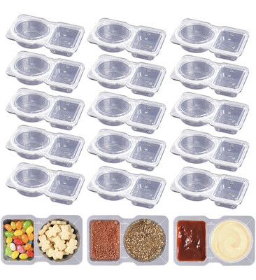 15pc Double Compartment Clear Plastic Condiment Containers w/ Snap Lids