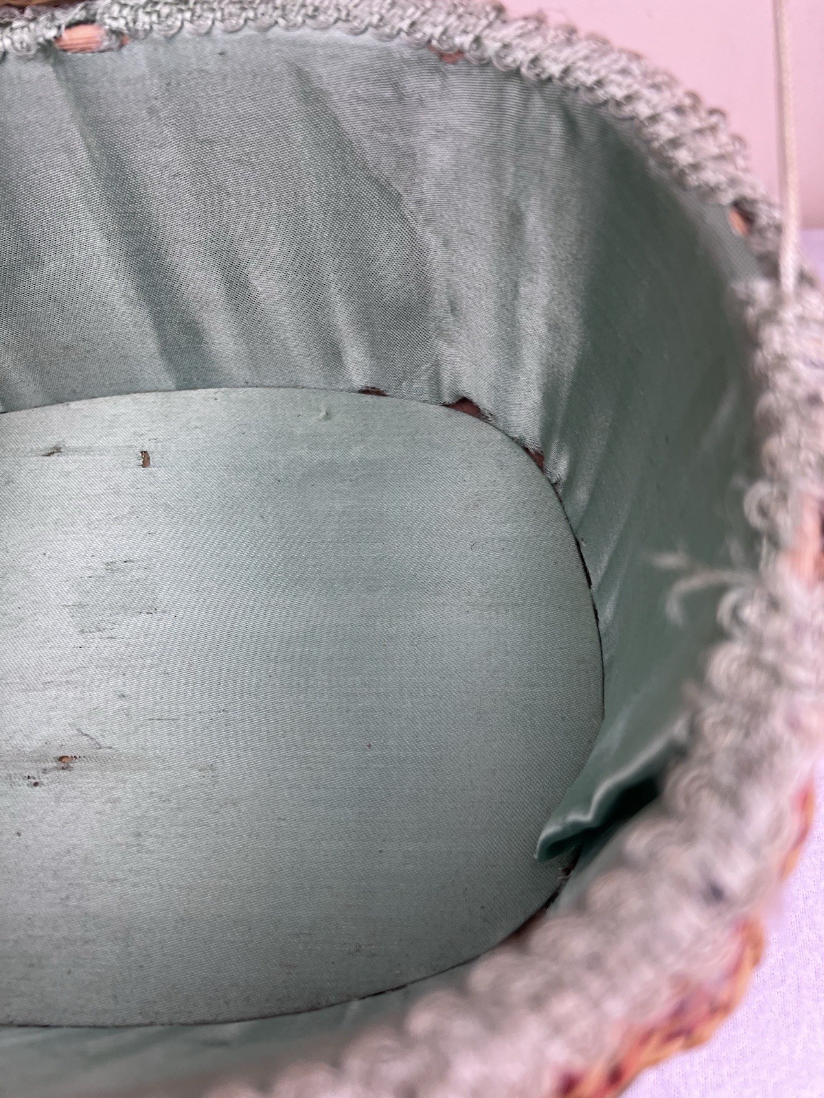 Vintage Sewing Basket Faux Ratan Wicker Sea Foam Green Satin Lining Japan 10.5”