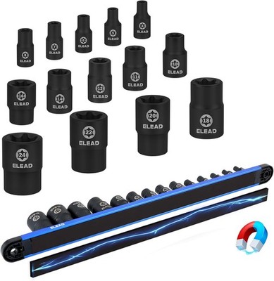 14-Piece Female E-Torx Star Socket Set with Magnetic Storage Rail, 1/4'', 3/8'', 1