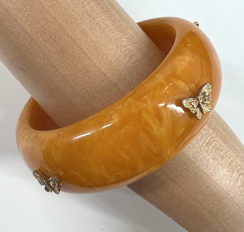 Vintage Marmoriert Butterscotch Bakelit Messing Schmetterling 1" Armreif Armband