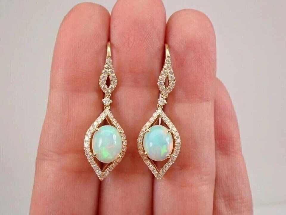 3Ct Oval Cut Lab Created Fire Opal Drop & Dangle Earrings 14K Yellow Gold Plated - Image 3 of 4