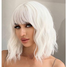 White Wavy Wig with Bangs Soft Short Bob Wigs for Women Synthetic Shoulder Le...