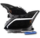 FOR 2008-2015 G37/Q60 2DR BLACK/SMOKE LED PROJECTOR HEADLIGHTS W/BLUE SIGNAL DRL