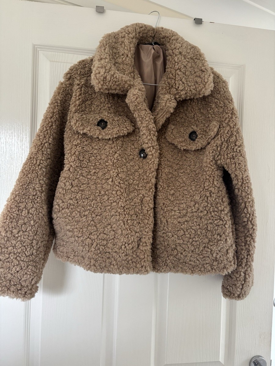 F&F Tesco Tan Brown Teddy Coat Jacket XS Autumn Winter Coat Faux