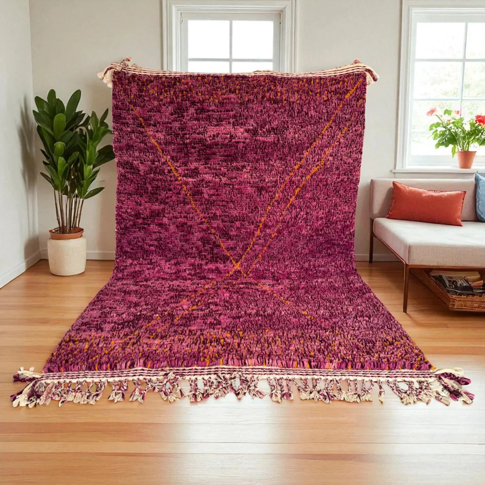 Handmade Moroccan Berber Wool Rug Color Purple Luxury Design Area Carpet Rug