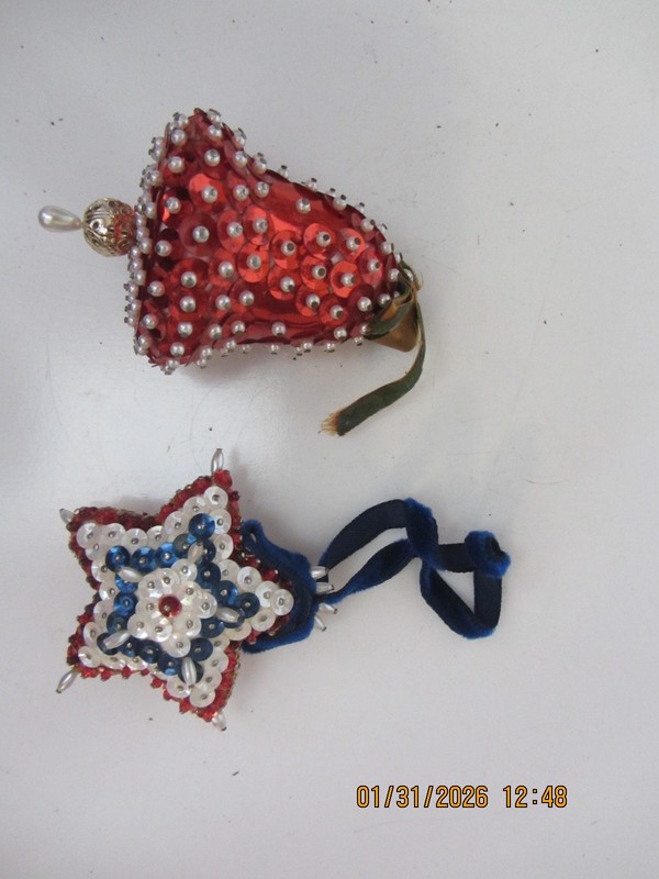 Vintage Handmade Bell and Star Ornament Push Pin Beads Sequin Pearls Christmas