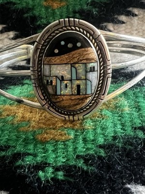 Native American Made Inlaid Galaxy Pueblo Opal Multi Stone Saw Tooth Bezel