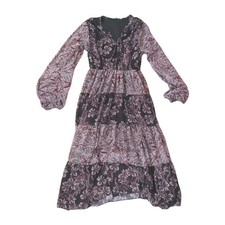 Boohoo Sheer Floaty Dress Women's Medium Plum & Black Floral Print Long Sleeve