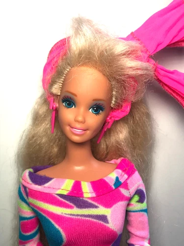 Vintage Mattel 1991 Totally Hair Barbie Blonde Pink Dress & 3 Accessories #1112