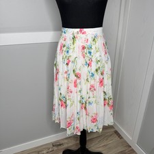 Ann Taylor Floral Pleated Midi Skirt Size 4 White Pink Blue Green Lined