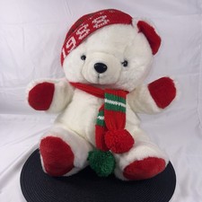Vintage 1988 Christmas Kmart White Teddy Bear Plush Hat Scarf Red  Green